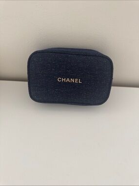 CHANEL Navy Tweed Mini Pouch with Gold Logo